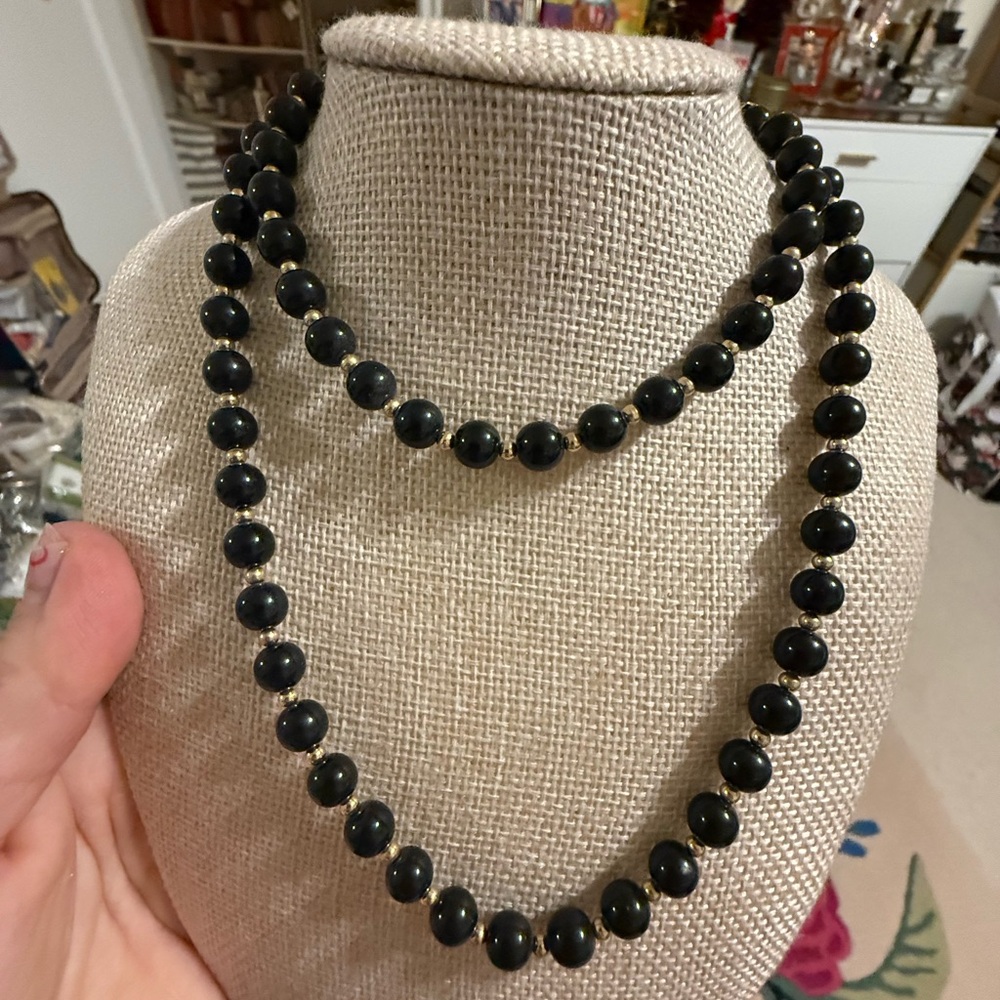Monet Vintage Black Beaded Necklace Gold Tone Spacer Accents Classic Strand